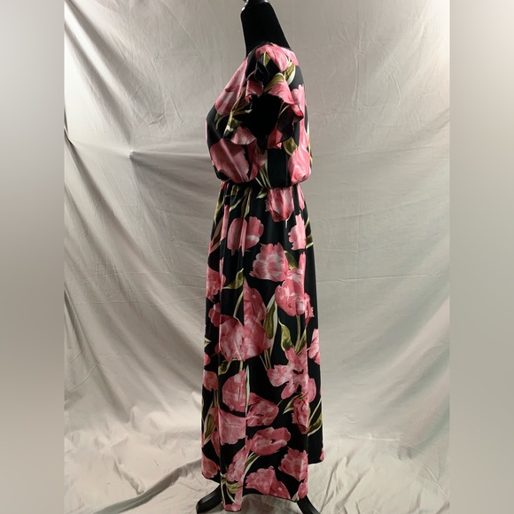Pink/Black Floral Print Butterfly Sleeve Ruffle Trim Split Thigh Dress - Picture 9 of 9